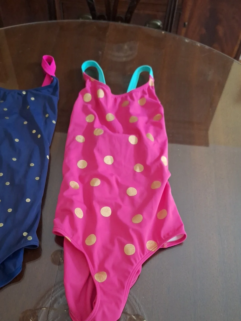 Two Boden Kids Size 13-14 Polka Dot One-Piece Swimsuits - Pink & Navy, Like New